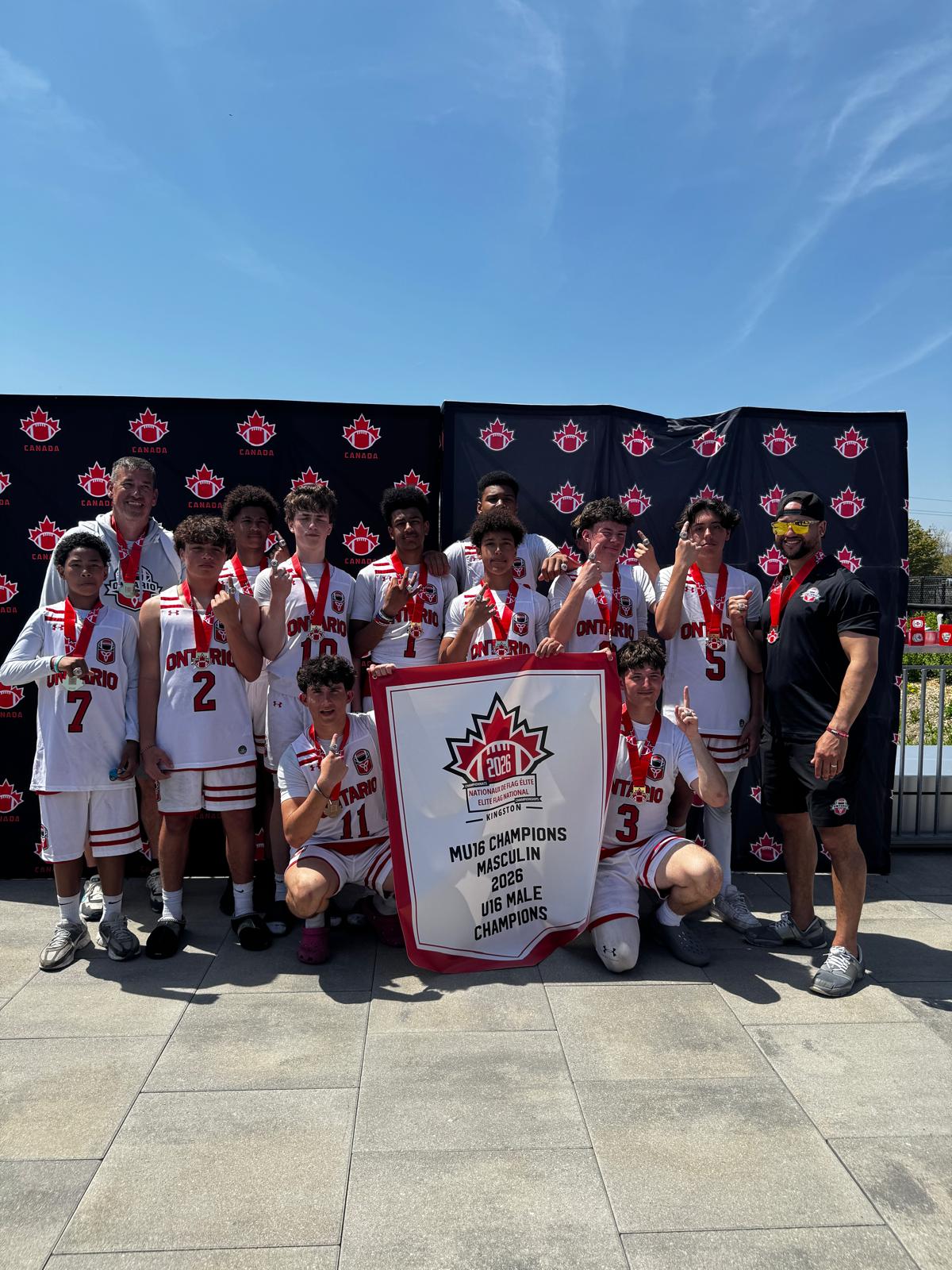 Jack Katsilieris, number 11, with the 2026 Team Ontario U16 flag football championship team